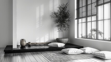 Wellbeing Korean interior with bamboo flooring and ecofriendly materials, side view, portraying sustainable living, digital tone, black and white