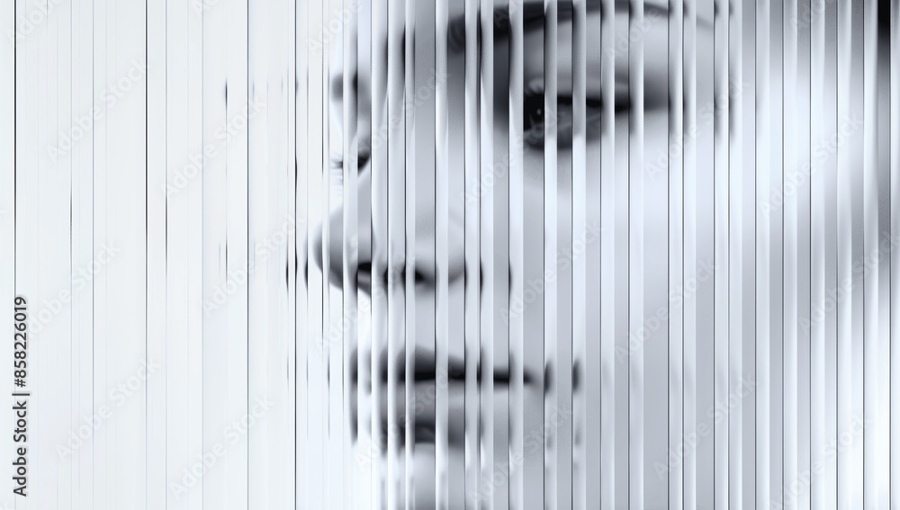Poster minimalist vertical lines abstract background with blurred face in white and grey