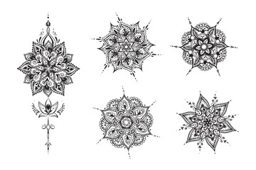 Set of hand drawn mandala. Arabic, indian or turkish culture decoration style. Five ethnic ornament isolated on white background. Magic vintage template