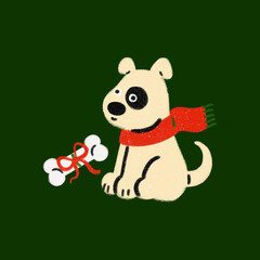 Fototapeta premium trendy simple cartoonish fluffy dog puppy character with scarf and bone present cute animal Christmas celebration hand drawn illustration style picture book children's book dark green background 