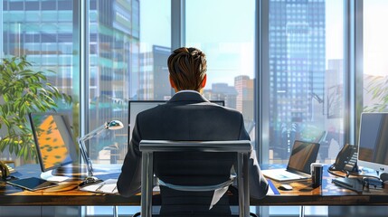 orporate manager in office workspace, back view, depicting administrative duties, advanced tone, colored pastel