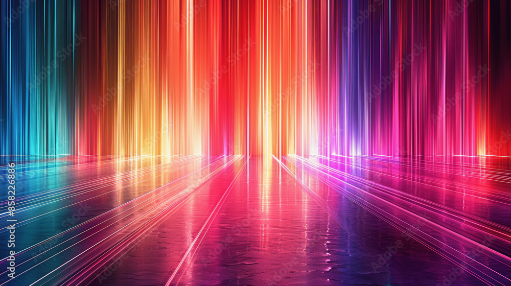 Poster abstract 3d render with colorful neon rays and glowing spectrum lines, shiny reflective floor
