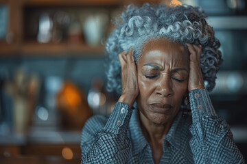 Fototapeta premium African-American senior woman with greying hair sitting at kitchen table, head in hands, showing pain or stress, alone at home