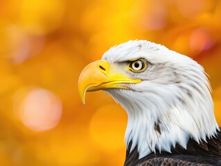 Fototapeta premium Close-up of a bald eagle with a vibrant orange-yellow bokeh background, showcasing its sharp beak and piercing eyes.