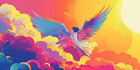 Fototapeta premium Majestic Angelic Figure in Colorful Clouds