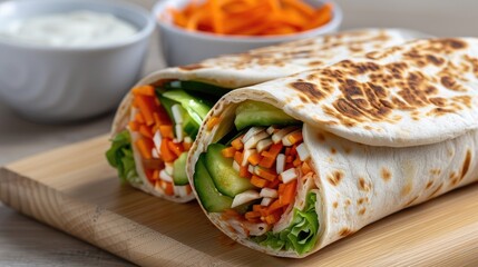 Close-up of a healthy veggie wrap filled with fresh vegetables, served on a cutting board with a side of carrot sticks and sauce.