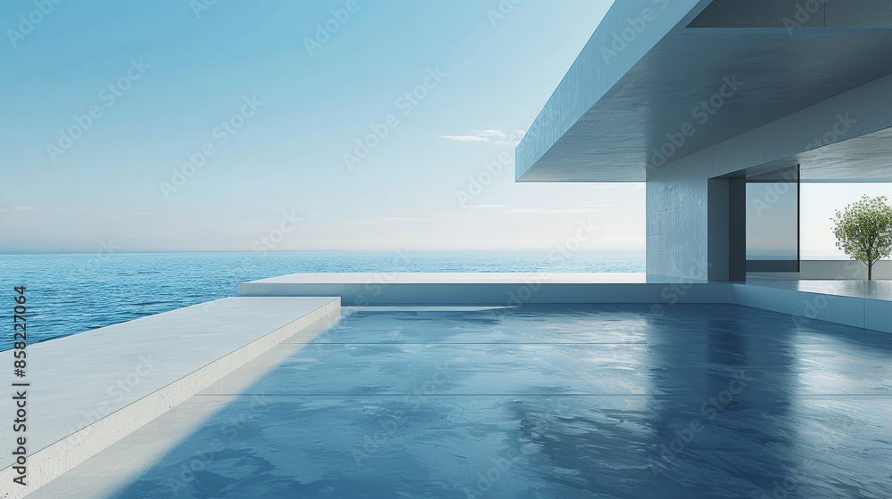 Poster 3d render of modern minimalist building with empty concrete floor and open sea view for promotional 