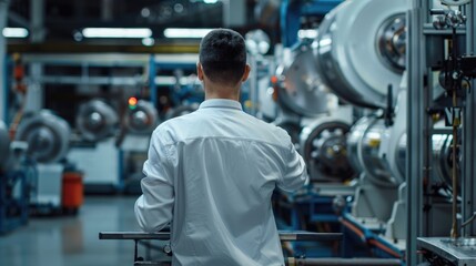 Fototapeta premium Industrial manager inspecting machinery, back view, emphasizing operational efficiency, digital tone, Analogous Color Scheme