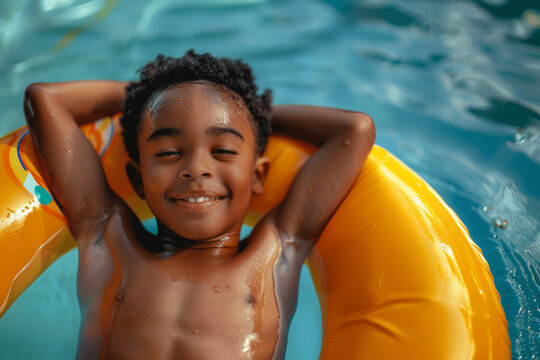 Happy African American Boy Relaxing on Inflatable Ring in Pool Aerial View Cheerful Toddler Floating Colorful Yellow Ring Carefree Childhood Sunny Day Summer Fun