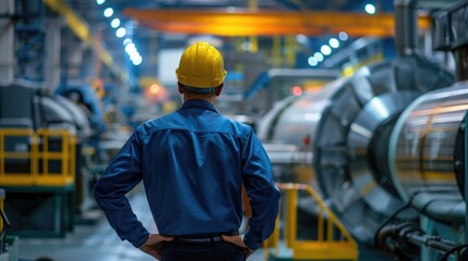 Industrial manager inspecting machinery, back view, emphasizing operational efficiency, digital tone, Analogous Color Scheme