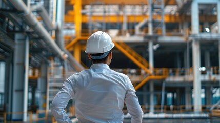 Manager conducting site inspection, back view, representing quality control, technology tone, vivid --no blur, grunge, splash, dust --ar 16:9 Job ID: 8cbb55f5-90cd-4ab2-b7da-9b26733060df