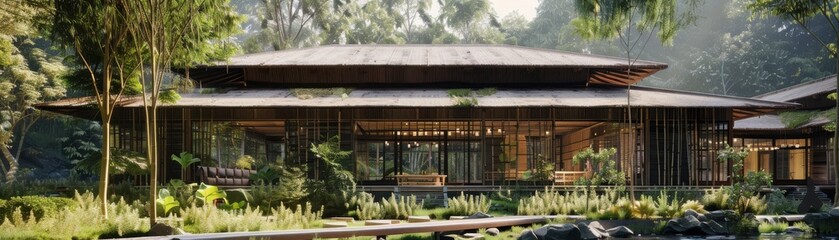 Building featuring bamboo and thatch roofing, lowimpact design, and ecofriendly materials, front view, illustrating green innovation, advanced tone, Complementary Color Scheme