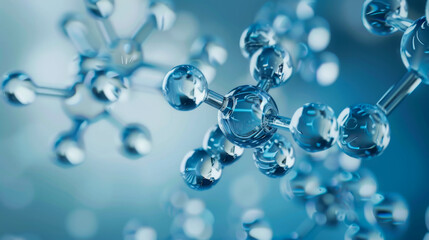 transparent molecules, blue background, close up, under a microscope