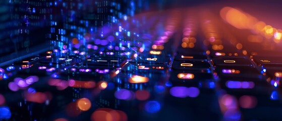 Obraz premium A computer keyboard with bright blue backlighting and a glittering effect, symbolizing technology and modern office environments