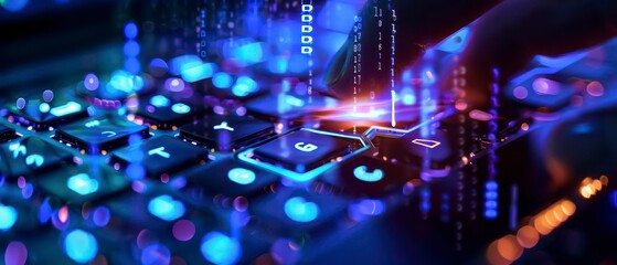 A computer keyboard with bright blue backlighting and a glittering effect, symbolizing technology and modern office environments
