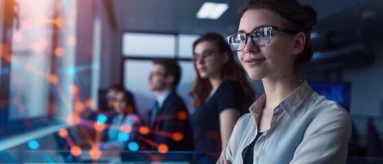 Group of businessmen and women walking together in an office, showcasing teamwork and professional unity