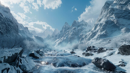 snowy mountains with melting snow, landscape