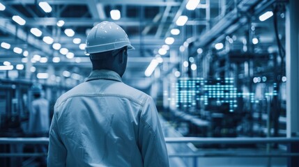 Senior engineer supervising factory floor, back view, focusing on production processes, digital binary as object, Monochromatic Color Scheme