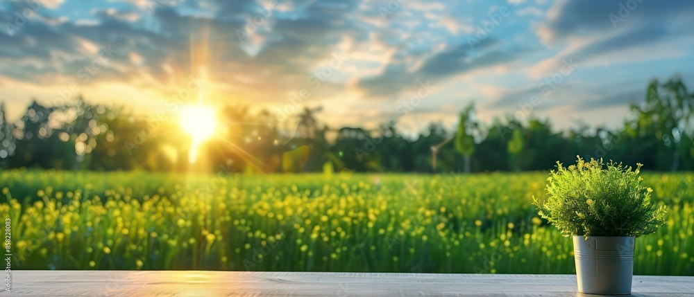 Wall mural technology meets nature: a laptop keyboard amidst green fields and blue skies with scattered clouds