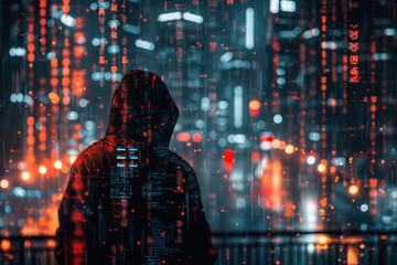 A person is standing in the rain with a hood on, looking out over a city