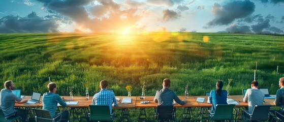 Technology meets nature: a laptop keyboard amidst green fields and blue skies with scattered clouds