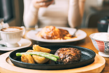 Hamburger steak Japanese style beef patty menu in Japan restaurant