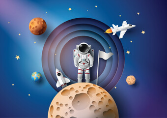 Astronaut Holding Flag with Rocket, Planets and Galaxy in Background © kengmerry