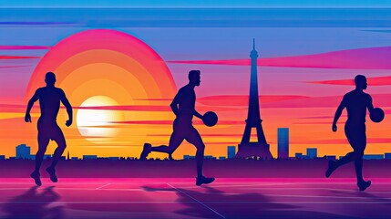 Naklejka premium Vibrant illustration of people playing basketball in Paris at sunset with the Eiffel Tower in the background.