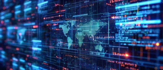 Obraz premium Futuristic design with digital data patterns, computer graphics, and business concepts illuminated by dynamic light textures