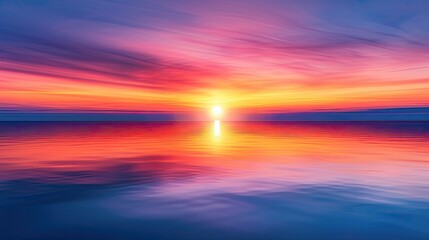 Obraz premium Vibrant sunset over a calm ocean with stunning colors reflecting on the water. Peaceful, scenic evening landscape.