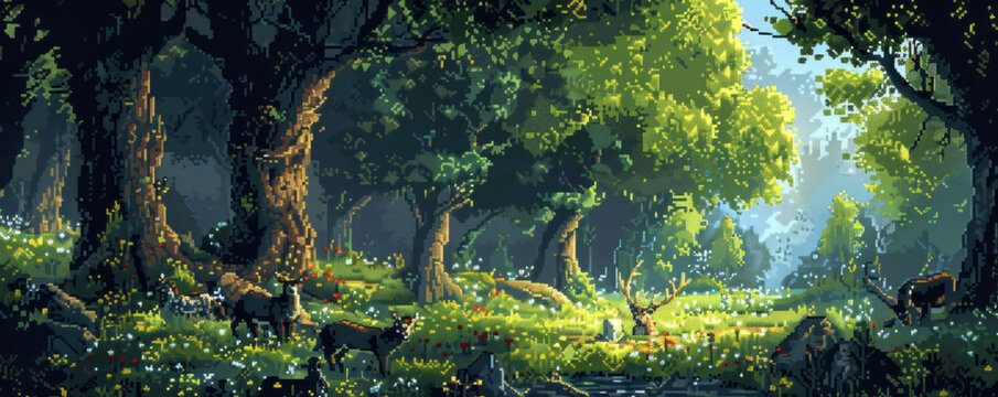 A pixel art rendition of a pixelated forest teeming with pixelated wildlife, their pixelated forms exploring the pixelated trees.