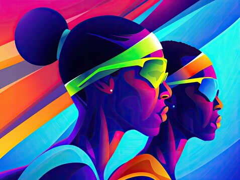 Vibrant digital art of two athletes wearing sunglasses and colorful headbands. Abstract, modern, dynamic, and energetic composition.