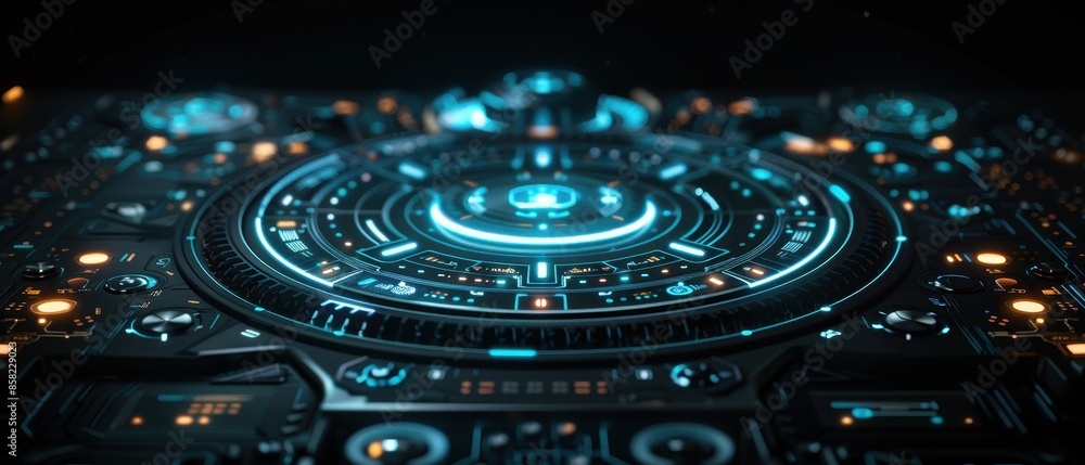 Poster A close up of a computer screen with a blue circle in the center