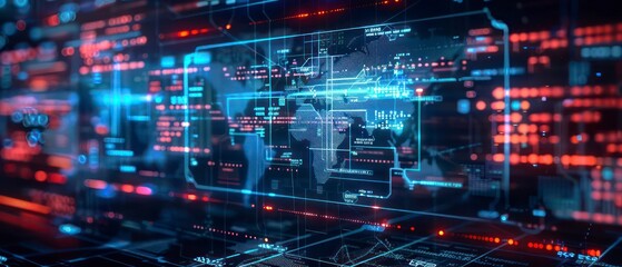 Futuristic design with digital data patterns, computer graphics, and business concepts illuminated by dynamic light textures