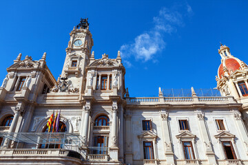 Fototapeta premium Facade of Valencia City Hall. Spanish baroque building, famous balcony view