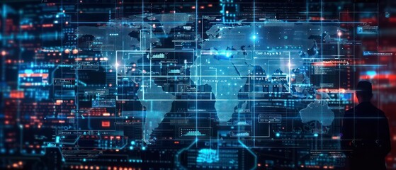 Futuristic design with digital data patterns, computer graphics, and business concepts illuminated by dynamic light textures