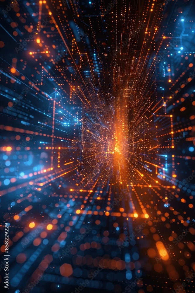 Poster a computer generated image of a bright orange and blue space with a lot of dots