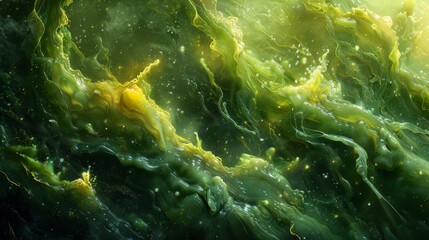 Fototapeta premium An ethereal and cosmic-like green abstract rendering with fluidic swirling patterns and light particles giving a sense of motion and infinite space, creating a visual symphony.