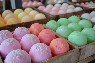 A wooden crate filled with colorful bath bombs
