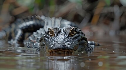 Obraz premium A crocodile is swimming in a body of water