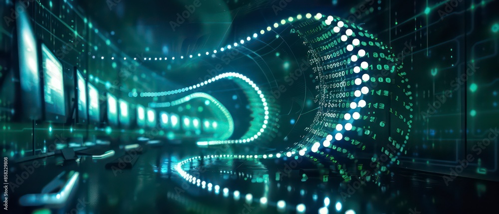 Poster blue light tunnel with futuristic patterns, capturing the essence of digital space and technological