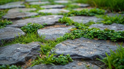 Naklejka premium A stone path with grass growing out of the cracks