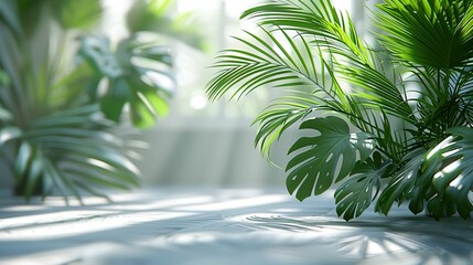 Fototapeta premium White Ribbed Background. Abstract gradient design. Luxury concept presentation. Decorative stripes overlay. Green palm with reeded glass.