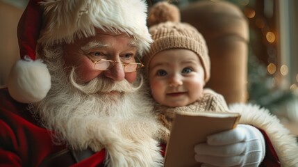 Obraz premium Santa Claus with a white beard and red suit is joyfully reading a book to a cheerful baby dressed in a knit sweater and hat, capturing a warm Christmas setting with festive decor.