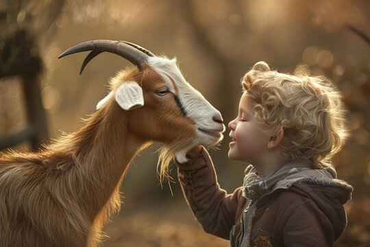 A little child interacts with a small goat in a grassy field. Farm animals. Mammals.