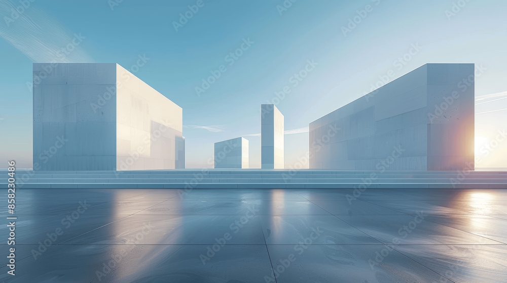 Poster modern abstract architecture with concrete floor clear sky three tall buildings sunlight reflection 