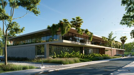 Obraz premium Modern Spanish building featuring a green roof