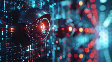A high-tech security camera glowing in red lighting amidst a digital environment, emphasizing surveillance and advanced technology in modern security systems.
