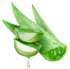 Aloe gel dropping from fresh cut of aloe vera leaf , macro shot  on white background. File contains...