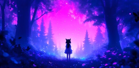 Fototapeta premium A girl with cat ears is standing in a magical forest